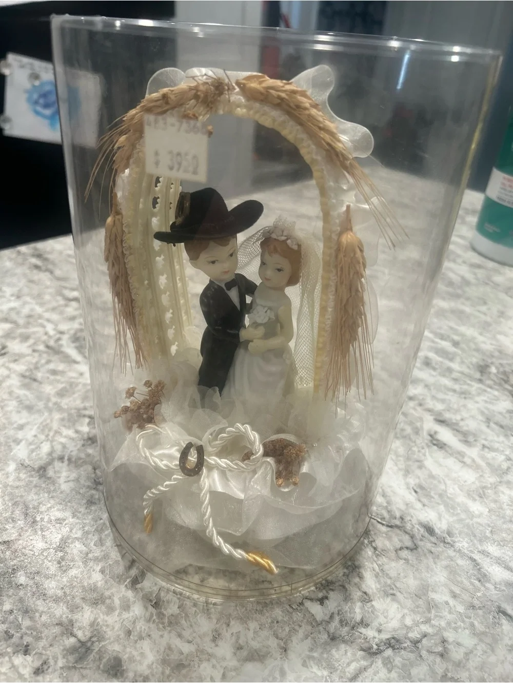 Vintage western Bride and Groom Cake Topper in White and Black